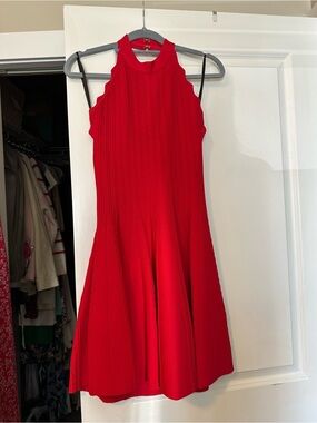 bebe Red Ribbed Halter Fit & Flare Dress